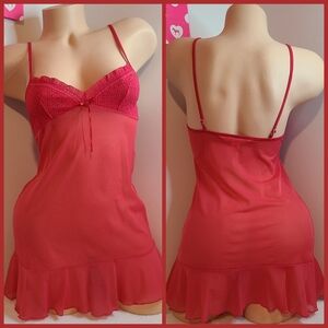 VTG VS Angels Sheer Mesh Lace Ruffle Babydoll Chemise Size Sm Red
